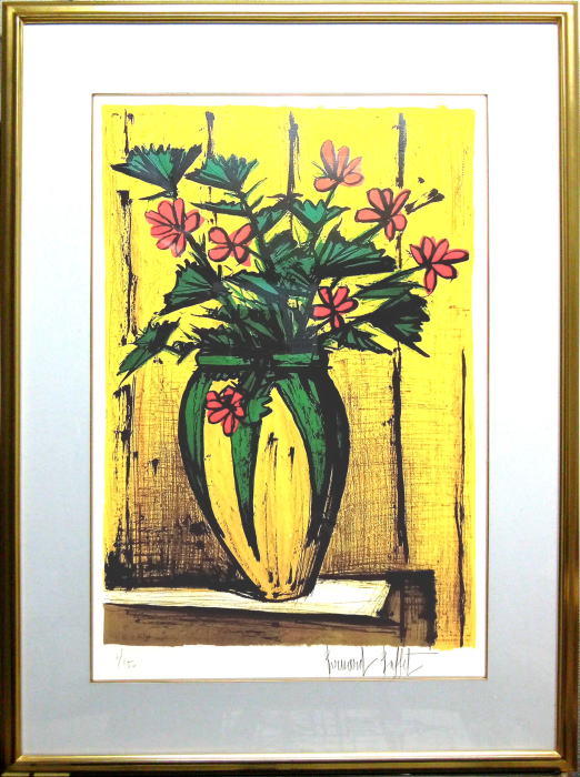 ビュッフェ 黄色い背景の赤い花 (花瓶の花) 1978年　リトグラフ